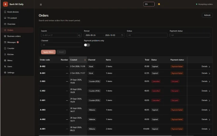 Admin orders table with order code, creation time, channel, items and total, and separate Status (Expired, Cancelled) and Payment status (Payment failed, Not paid) columns.