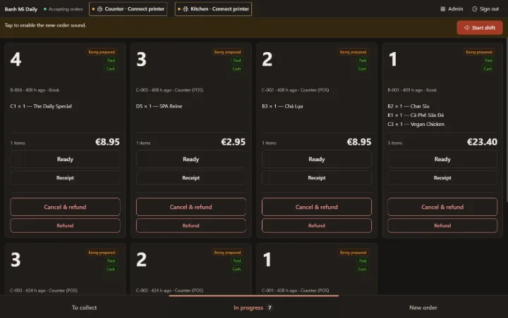 Tablet POS in dark mode: order cards, each marked Being prepared, Paid and Cash, with Ready, Receipt, Cancel & refund and Refund buttons.