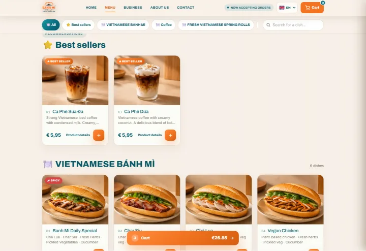 Banh Mi Daily website menu: best sellers and Vietnamese bánh mì cards with prices, a cart button showing 3 items and an English language selector.